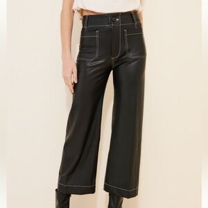 Maeve The Colette Cropped Wide-Leg Pants Black Vegan Leather White Stitch 24